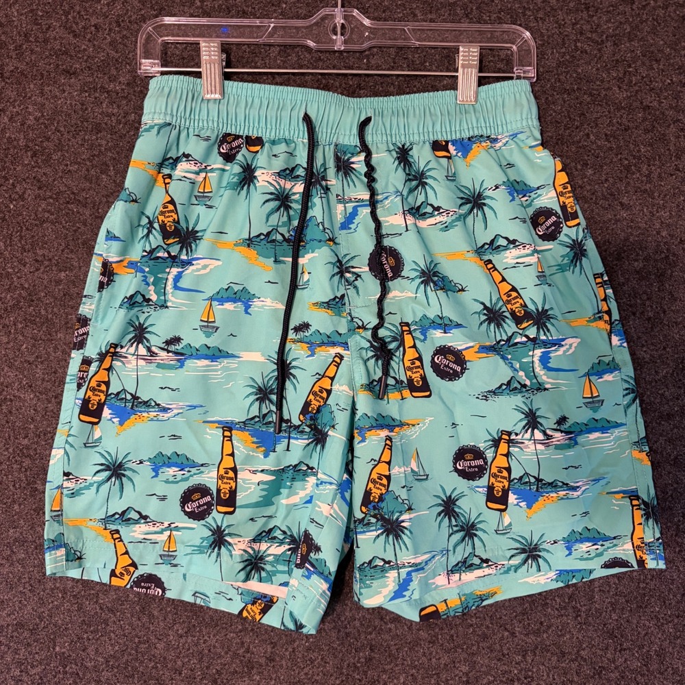 Corona Extra Mens Swim Trunks Small 28-30 Teal Tropical Beer Bottle Board Shorts